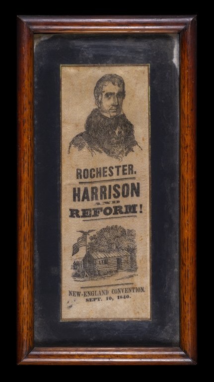 1840 Campaign Silk Ribbon William H. Harrison: Item/Description: William Henry Harrison portrait campaign ribbon: Rochester, Harrison and Reform! New England Convention. Sept. 10, 1840. Features log cabin with American flag and eagle. William Henr