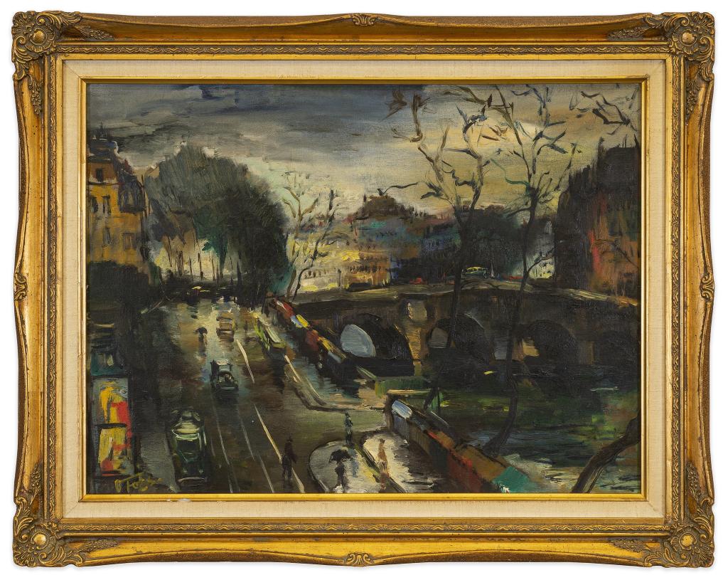 Olivier Foss (1920-2002) Paris Cityscape w Bridge: Item/Description: Old Paris street scene features road with cars and figures next to canal with bridge. Signed lower left. Olivier Foss is known for his abstract, expressive urban structure paintings.