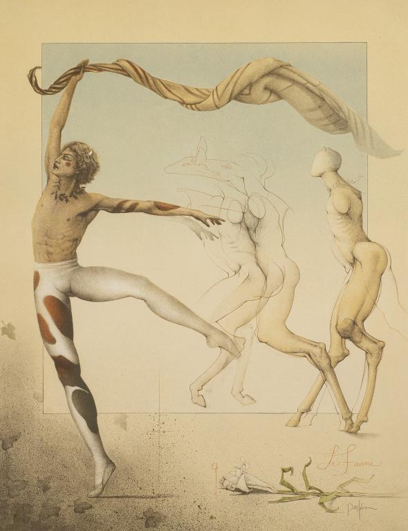 Michael Parkes Stone Lithograph "Le Faune": Item/Description: Framed, artist proof stone lithograph. Titled "Le Faune." Surrealist study of a dancing mythological half human / half goat creature. Pencil signed lower right, Michael Parkes (B. 19
