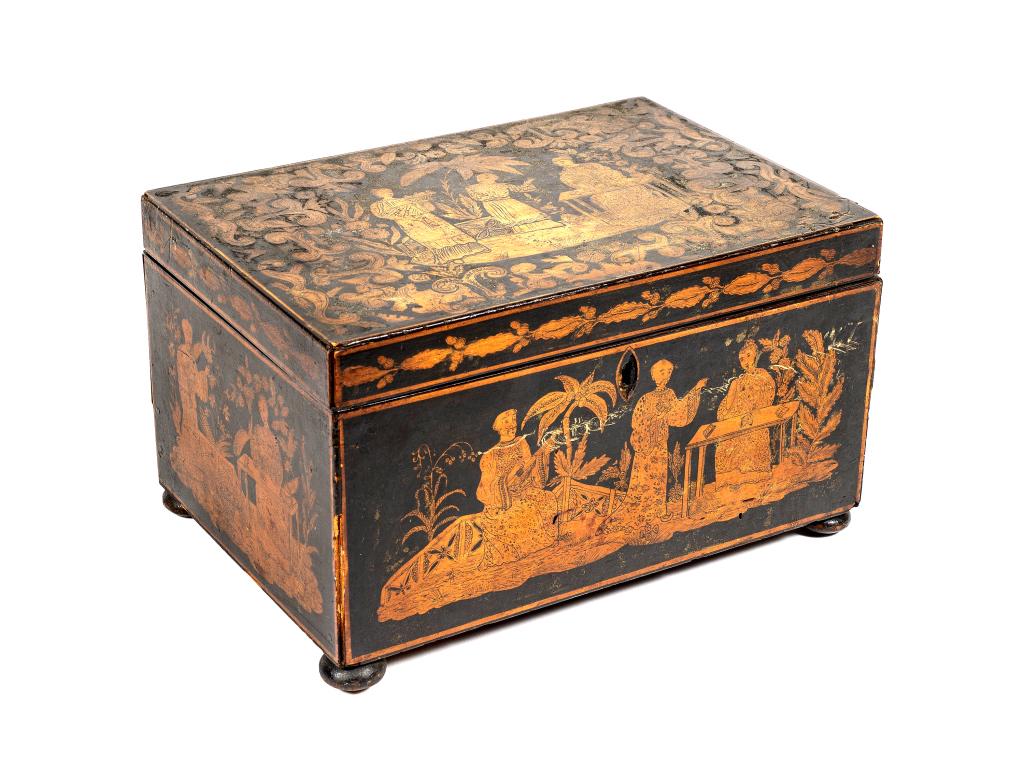 Antique Chinoiserie Footed Wood Letter Box: Item/Description: Chinoiserie Black and Gold Hinged Box. Lacquered, applied ebonized / painted wood panels feature figural and landscape scenes. Footed box has lock but no key. Decorated with Mandarin
