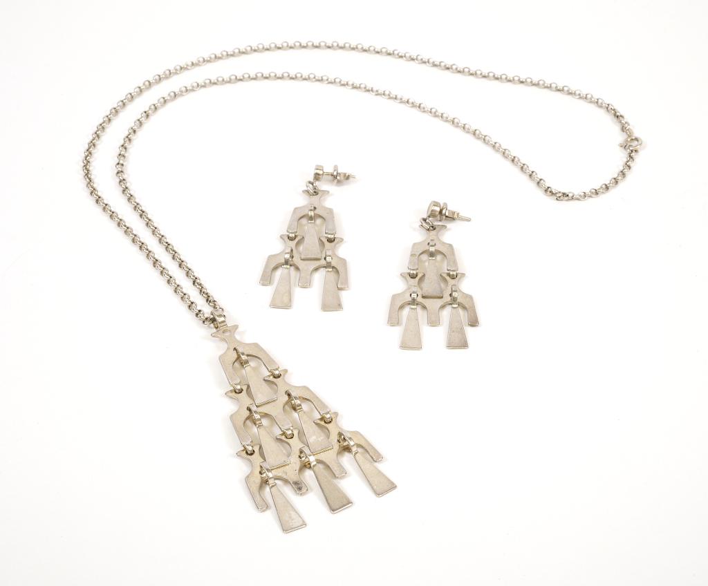 David Andersen Sterling Modernist Parure - Norway: Item/Description: Rare, Sterling Silver pendant necklace & pierced earrings set by iconic Mid-Century Norwegian designer, David Andersen. Freeform, tiered pendant and earrings with triangle dangles. M