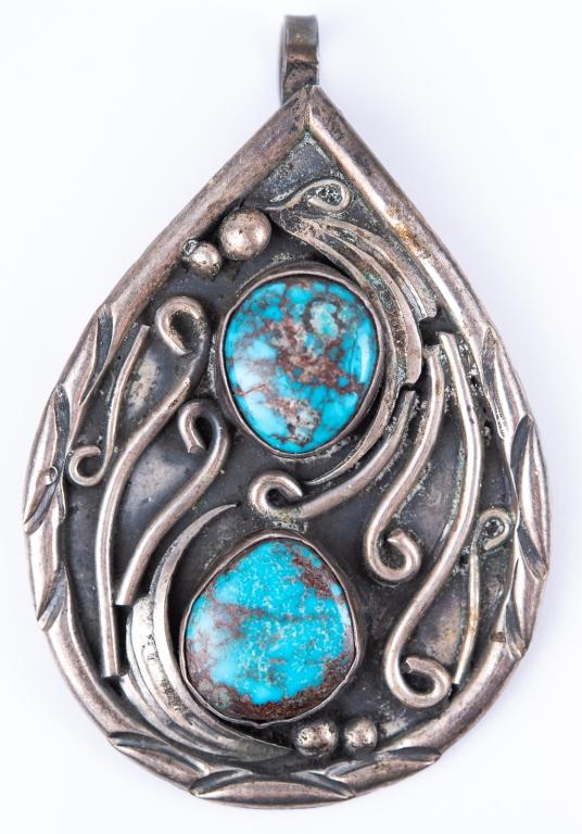 Native American Sterling & Turquoise Pendant: Item/Description: Impressive, vintage Navajo Southwestern teardrop pendant. Studio art piece in Sterling Silver with azure blue bezel set turquoises; raised swirl and ball design against antiqued back