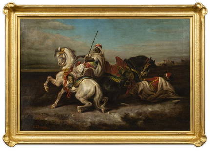 Arabian Cavalry Battle Scene, After Adolf Schreyer: Item/Description: Dramatic, framed oil painting features mounted warriors on horseback engaged in battle. Signed E.G. Franklin lower left. Material: Oil on canvas. Gilt Wood frame. Dimensions: