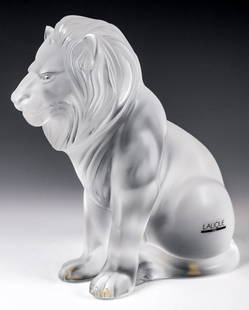 Lalique Crystal Lion 'Bamara' Sculpture: Item/Description: Large frosted glass lion statue by Lalique France. Signed on bottom. 'Lalique Paris' sticker on side. Includes original Lalique box and packaging as shown. (Art Glass, Animal