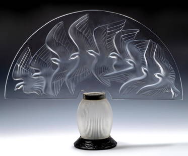 Lalique Art Deco Hokkaido Table Lamp, Doves: Item/Description: Lalique & Marie Claude Lalique "Hokkaido" Lamp. Table lamp with fan shaped, frosted top featuring molded dove motif, frosted ribbed bulbous body, and frosted black glass base. Doves