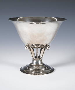 Georg Jensen Sterling Silver Footed Bowl #17B: Item/Description: Iconic Georg Jensen wide mouthed footed bowl/chalice. Designed by Johan Rohde, the piece features a lightly hammered bowl on a stepped, floral berry pedestal. Hallmarked: GEORG