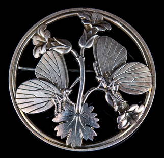 Georg Jensen Sterling #238 Butterfly Brooch: Item/Description: Rare, large Mid-Century " Moonlight Blossom " pin by Georg Jensen. Circular cut-out design of two graceful butterflies resting on a floral stem. Nouveau, nature motif. Roll-over C