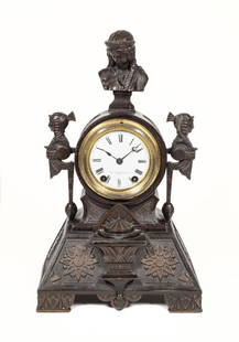 Antique Seth Thomas Egyptian Revival Mantle Clock: Item/Description: Figural mantle clock. Clock face marked: Seth Thomas Clock Co. / N.Y. Movement marked on back: Seth Thoms New York / R. Kaiser / 41502 / ST. Includes key as shown. Material: Cast