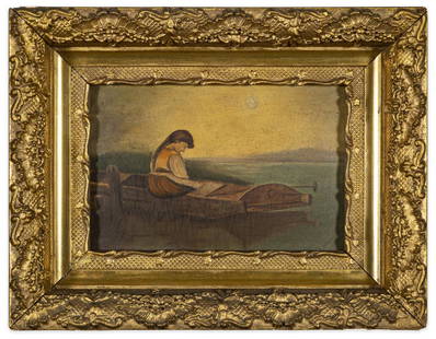 Signed 19th C. Figural Landscape Oil Painting: Item/Description: Figural landscape features a downcast girl sitting on a boat, next to a dock. Signed and dated lower right. Illegible signature, possibly G.M. Ramsorn. Antique gilt wood frame.