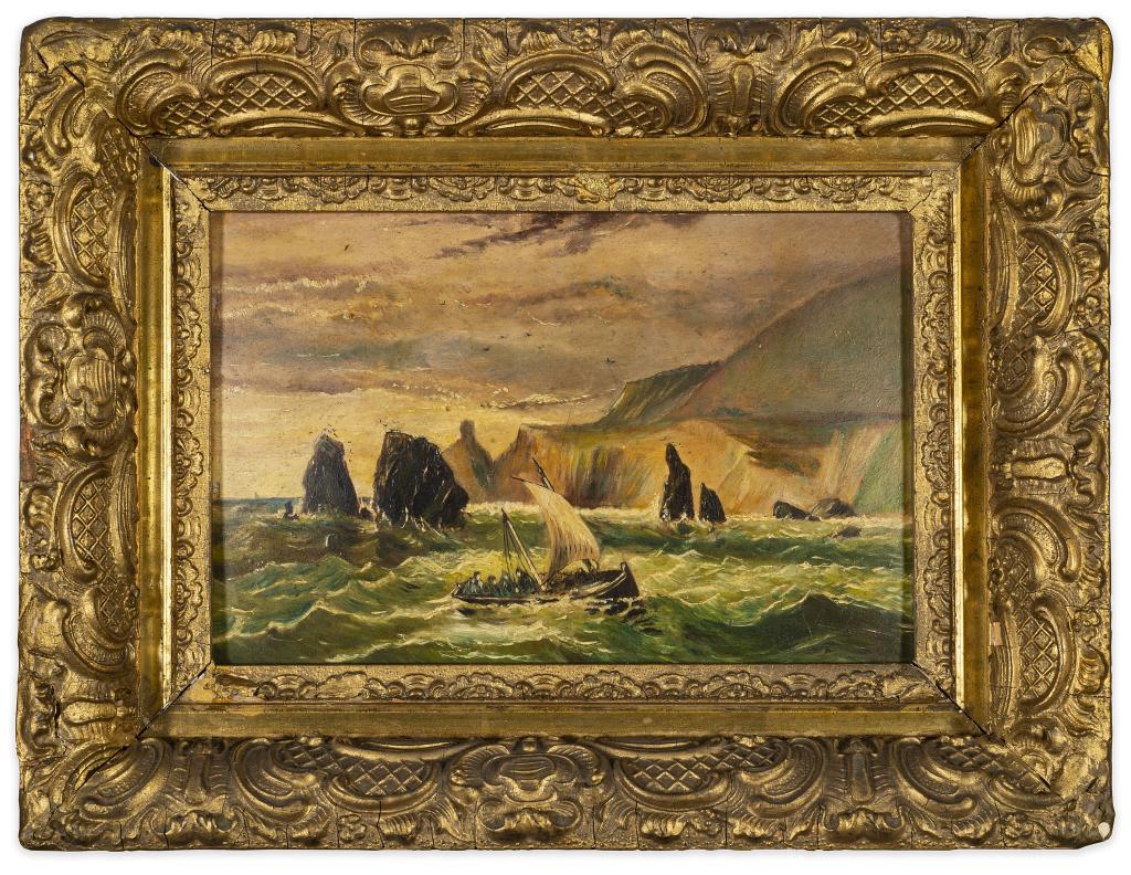 19th Century Framed Seascape Oil Painting: Item/Description: Figural landscape features a downcast girl sitting on a boat, next to a dock. Signed and dated lower right. Illegible signature, possibly G.M. Ramsorn. Antique gilt wood frame. Mater