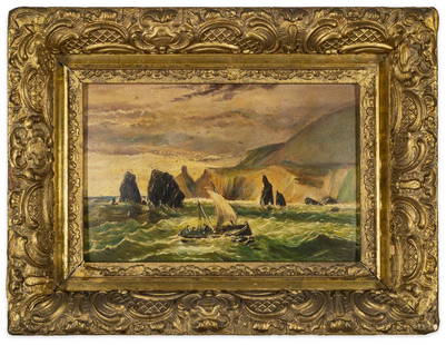 19th Century Framed Seascape Oil Painting: Item/Description: Figural landscape features a downcast girl sitting on a boat, next to a dock. Signed and dated lower right. Illegible signature, possibly G.M. Ramsorn. Antique gilt wood frame.