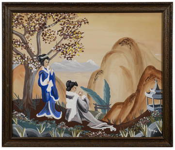 Japanese Figural Landscape Signed Remy: Item/Description: Landscape scene features two women near a cherry blossom tree, over looking mountains and a pagoda. Signed lower right, Remy. Material: Watercolor and gouache, framed under glass. 