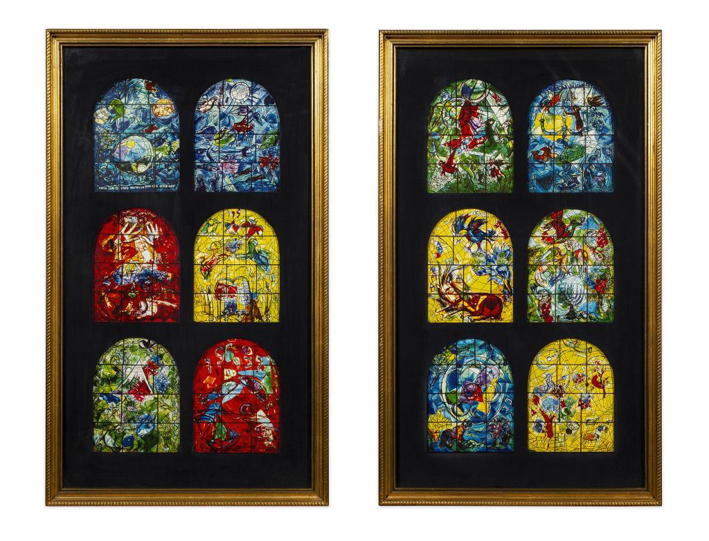 Pair of Marc Chagall Window Prints Framed: Item/Description: Set of two framed prints depicting Chagall's Israel windows. Six matted windows in each of the two frames. (Judaica, Religious) Material: Print framed under glass. Dimensions: Framed