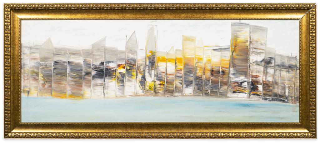 New York City Impressionist Oil Painting, Signed Kehil: Item/Description: Modernistic skyline landscape cityscape painting. Features old New York City skyline. Twin Towers, World Trade Center. Signed lower right: Kehil. Material: Oil on canvas. Gilt wood f