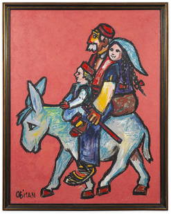 Jovan Obican Oil Painting: The Traveling Family: Item/Description: Figural painting features family on a donkey. Signed lower left: Obican. Jovan Obican (French, 1918-1986). Back of canvas reads in part: "The Traveling Family" By Jovan Obican,