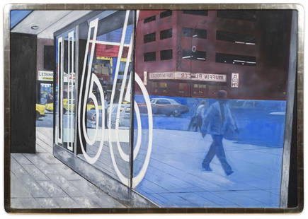 Signed Architectural Rendering NYC Street Scene: Item/Description: Modern street scene, cityscape oil painting features reflection of street and sidewalk on a building numbered 1166. Clever superimposed image of passersby and yellow taxi cabs gives