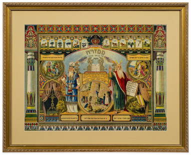 Antique German Color Judaica Mizrach Lithograph: Item/Description: Framed, colored "Mizrach" lithograph features Judaic themed illustrations including Moshe and Aharon, the Tablets and Ark of the Covenant, symbols of the twelve tribes, Hebrew