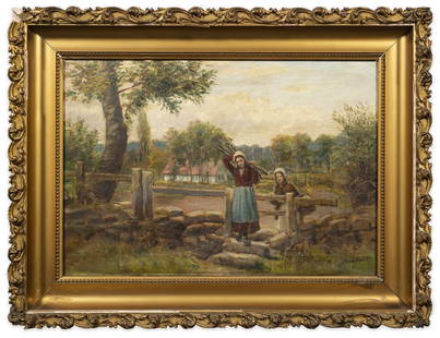 Henry Rollet (19th century) Oil Painting: Item/Description: Figural landscape features two girls on a farm. Signed lower right. Henry Rollet, (1881-1916), British. Material: Oil on canvas. Gilt wood frame Dimensions: Image size: Height: 15