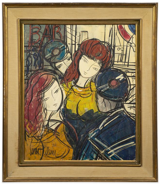 Signed French Bar Scene Painting: Item/Description: Colorful scene features French sailors flirting with two young women. Signed lower left. Unknown artist, illegible signature. Material: Oil on canvas. Dimensions: Image size: Height: