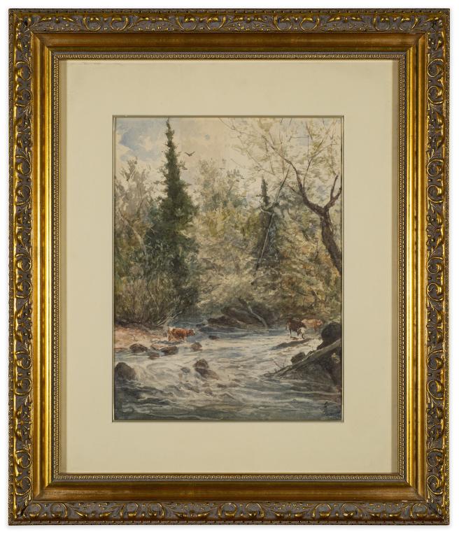 Watercolor Landscape Signed Seymour: Item/Description: River landscape with cows drinking from stream. Signed lower right. Seymour. Material: Watercolor framed under glass. Gilt wood frame. Dimensions: Image size: Height: 12 1/2"; Width: