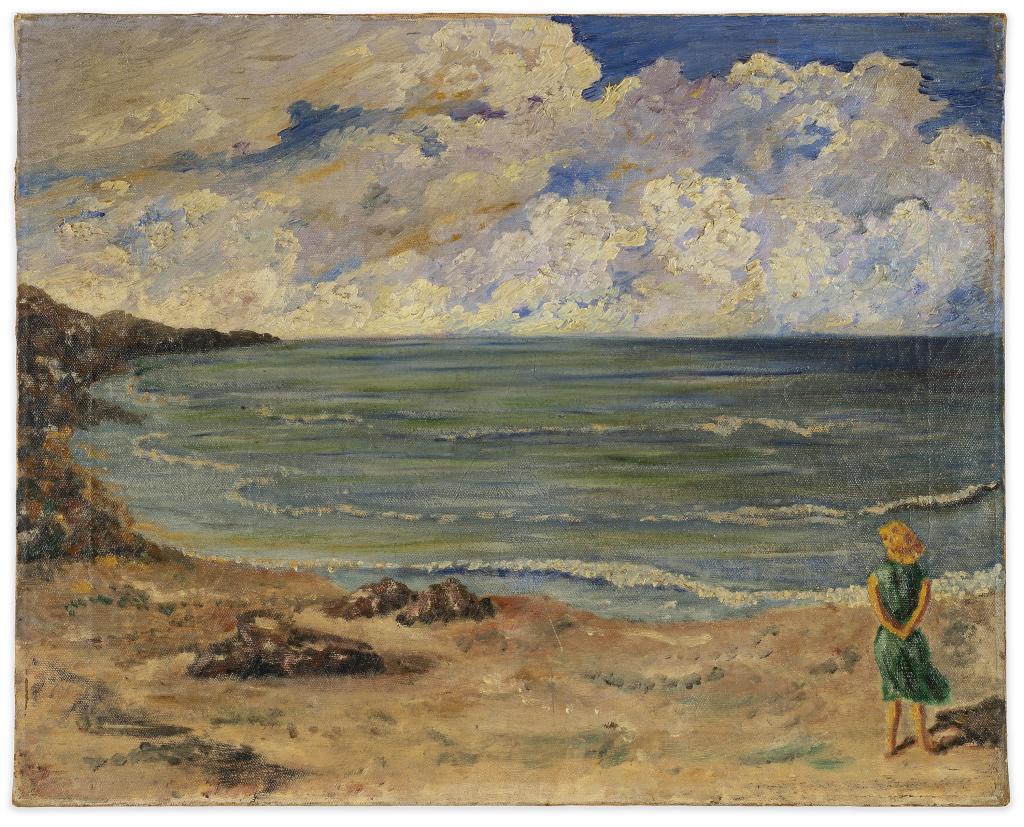 Figural California Seascape Oil Painting: Item/Description: Oil shore scene painting features girl looking out over sea. Unknown artist, no noticeable signature. Material: Oil on canvas. Dimensions: Image size: Height: 16"; Width: 20". Unfram