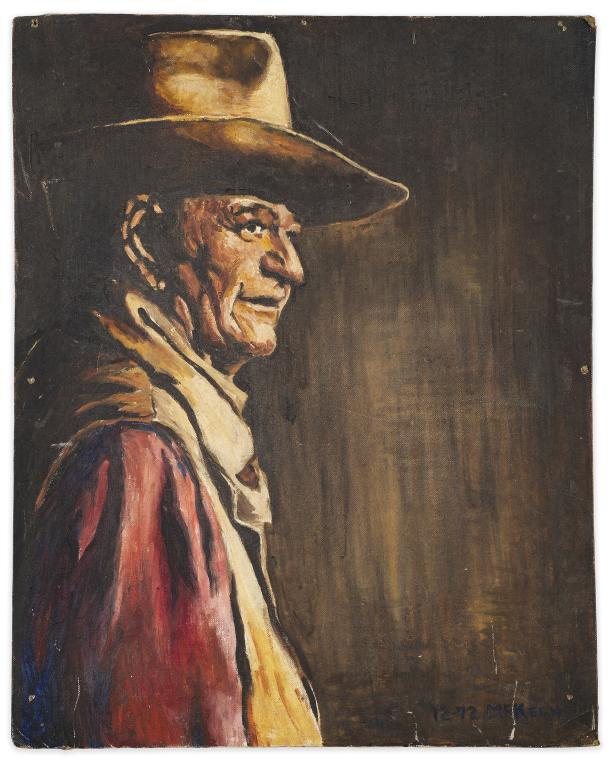 John Wayne Portrait, Signed McKeon: Item/Description: Oil painting features portrait of John Wayne. Signed and dated lower right. 12-72 McKeon. Material: Oil on board. Dimensions: Image size: Height: 19 3/4"; Width: 15 3/4". Unframed. C