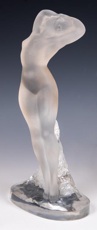 Lalique Nude Dancer Danseuse Bras Leves: Item/Description: Frosted glass standing nude figure by Lalique France. "Danseuse Bras Leves" / Hand up Nude Dancer. Signed on bottom. (Crystal, Dans, Car Mascot, Art Glass, Sculpture) Material: Glass