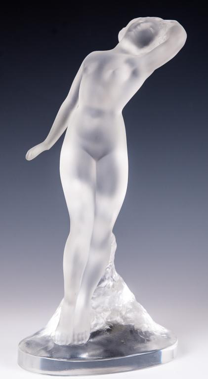Lalique Danseuse Bras Baisse Nude Dancer: Item/Description: Frosted glass sculpture by Lalique France. Depicting Danseuse Bras BaissÃ© / Dancer Arm Down. Signed on bottom. (Crystal, Dans, Car Mascot, Art Glass) Material: Glass. Dimensions: 
