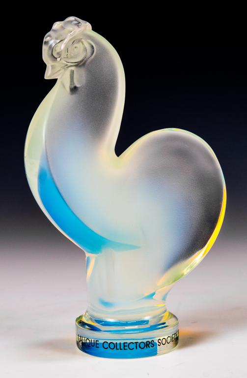 Lalique Glass Opaline Rooster Figurine: Item/Description: Crystal rooster "Coq" sculpture in opalescent glass by Lalique France. Signed on base. Base marked Lalique Collectors Society. Includes original Lalique box and packaging as shown. (