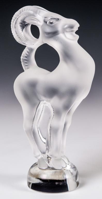 Lalique Frosted Glass: Item/Description: Crystal letter seal by Lalique France. Features standing ram design in frosted glass. Signed on base. Includes original Lalique box and packaging as shown. (Art Glass, Horoscope) Mat