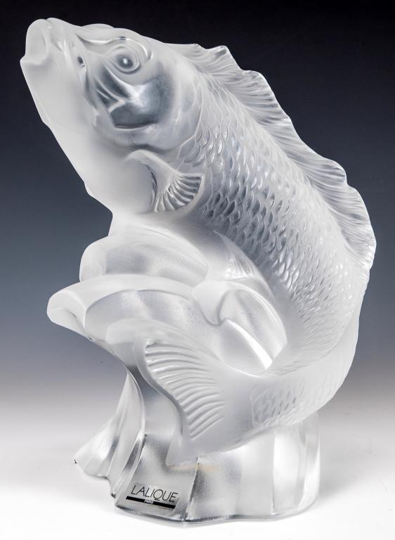Lalique Large Fish / Carp Sculpture: Item/Description: Frosted glass figure of a carp (Carpe) by Lalique France. Features a large, scaled fish upon the crest of a wave. Signed on bottom. Sticker 'Lalique Paris' on front base. Includes or