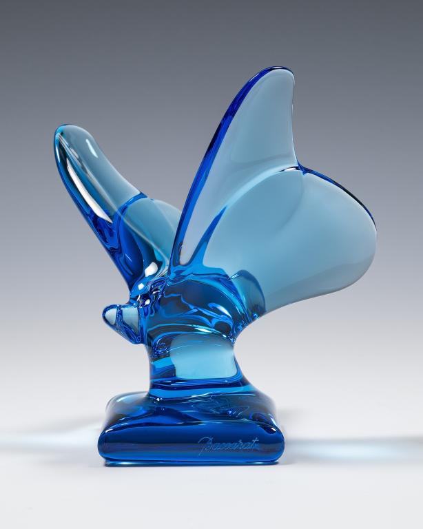 Baccarat Blue Glass Butterfly Sculpture: Item/Description: Blue art glass Baccarat butterfly figurine on pedestal. Signed on side, makers mark on bottom. (Paperweight, France) Material: Glass. Dimensions: Height: 3 3/4"; Width: 2 3/4". Condi
