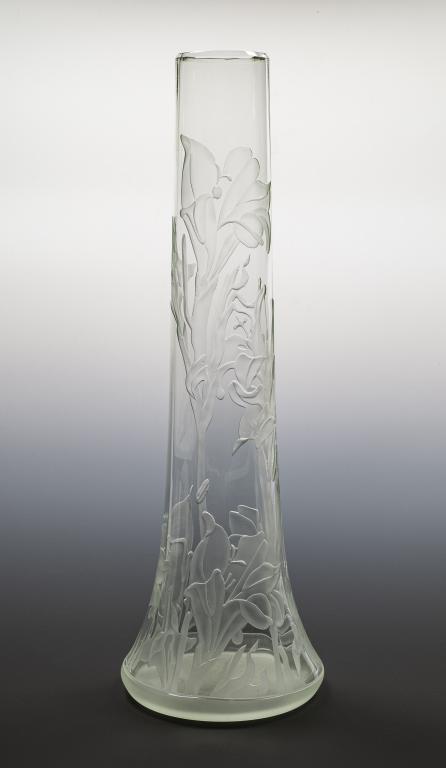 Jarmila Mucha Plockova, After Alfons Mucha Vase: Item/Description: Bohemian art glass tulip vase, after Alphonse Mucha. Tulip decorated frosted glass in trumpet form. Signed Mucha, hand numbered on bottom 56/99. Jarmila Mucha Plockova (The granddaug