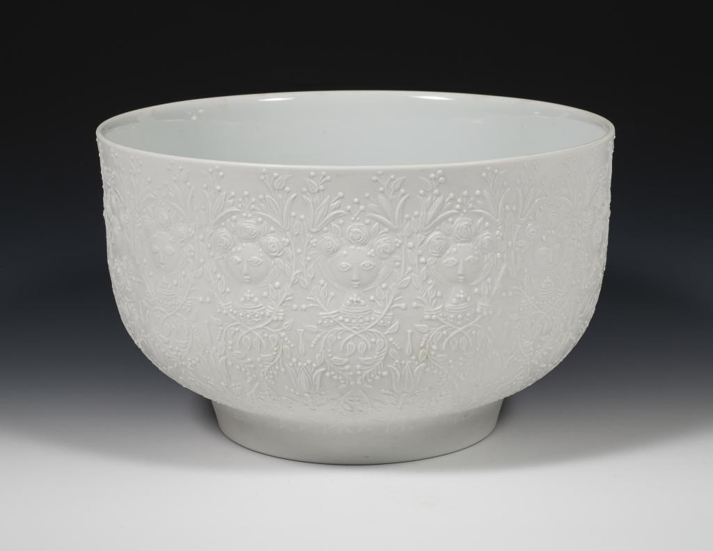 Rosenthal Studio Line Fantasia bowl Bjorn Wiinblad: Item/Description: Rosenthal Studio Linie Fantasia White Serving Bowl. Signed, "Rosenthal Studio Linie Germany." Embossed design. Material: China. Dimensions: Diameter: 9 1/2"; Height: 6". Condition: M