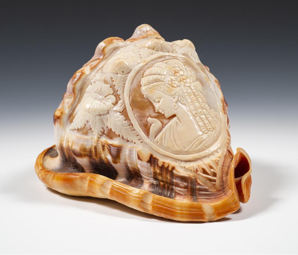 Natural Seashell with Hand Carved Cameo: Item/Description: Bullmouth helmet shell carved design features cameo of maiden with dove below floral motif. Material: Shell Dimensions: Length: 6"; Width: 4"; Height: 3 1/2". Condition: Minor surfac