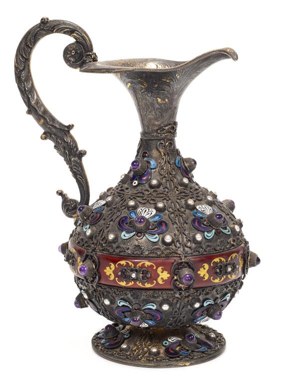 Sterling Silver, Enameled & Jeweled Ewer: Item/Description: Antique Gilt Sterling, Enamel and Brass Handled Pitcher. Austrian. Features applied enamel florals, cabochon gems and pearls. Guilloche enamel accents designs throughout the circular
