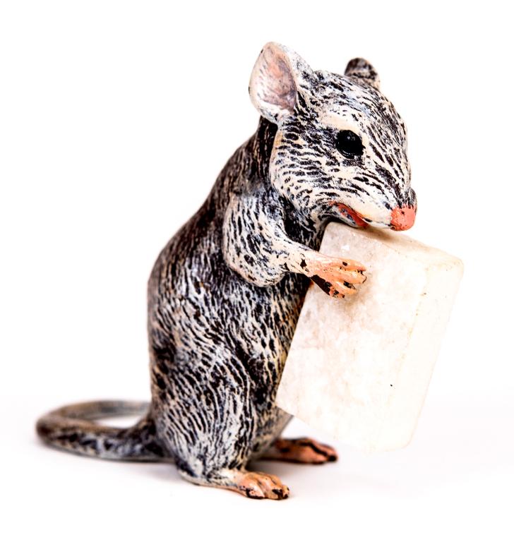 Franze Bergman Bronze Mouse Sculpture: Item/Description: Franz Bergmann Vienna Cold Painted Bronze - Mouse With Cheese. Marked with "B" in urn stamp. Material: Bronze & quartz. Dimensions: Length: 2"; Width: 1"; Height: 2". Condition: Exce