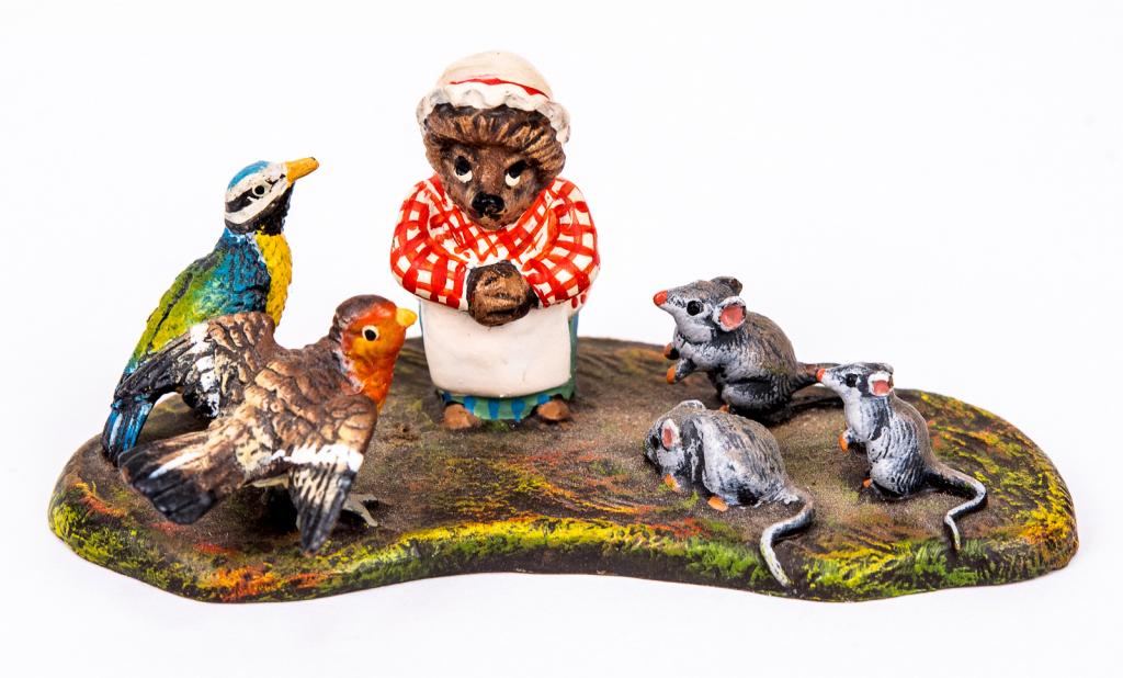 Vienna Cold Painted Bronze Beatrix Potter Animals: Item/Description: Petri Bronzen Vienna Cold Painted Bronze miniature figurine features Beatrix Potter animals. Austrian cold painted bronze. Petri Bronzen was a Vienna based company and maker of fine 