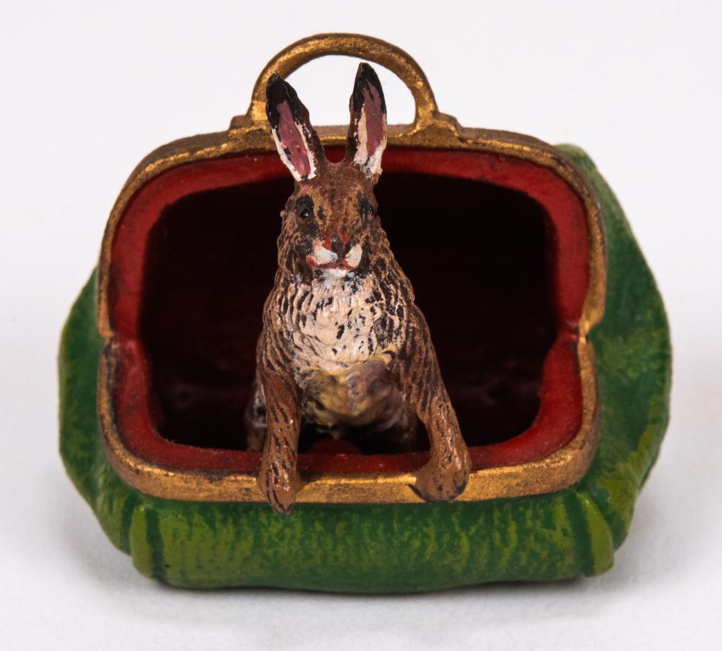 Vienna Cold Painted Bronze Rabbit In Bag: Item/Description: Petri Bronzen Vienna cold painted bronze miniature sculpture of a rabbit in a purse. Austrian cold painted bronze. Petri Bronzen was a Vienna based company and maker of fine Viennese