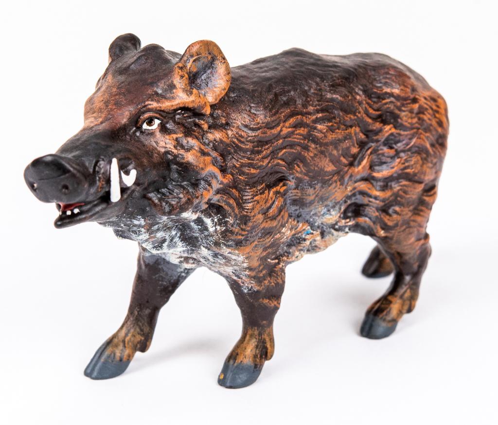 Vienna Cold Painted Bronze Miniature Wild Boar: Item/Description: Petri Bronzen Vienna cold painted bronze miniature figurine of a wild boar. Austrian cold painted bronze. Petri Bronzen was a Vienna based company and maker of fine Viennese painted