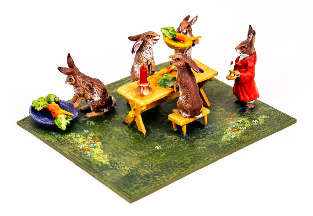 Vienna Cold Painted Bronze Rabbit Dinner Party: Item/Description: Petri Bronzen Vienna cold painted bronze miniature sculpture of rabbits having a dinner party. Austrian cold painted bronze. Petri Bronzen was a Vienna based company and maker of fin