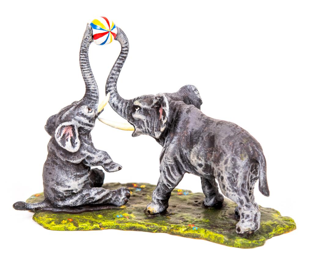 Vienna Cold Painted Bronze Elephants Playing: Item/Description: Petri Bronzen Vienna Cold Painted Bronze miniature figurine. Elephants playing ball. Austrian cold painted bronze. Petri Bronzen was a Vienna based company and maker of fine Viennese