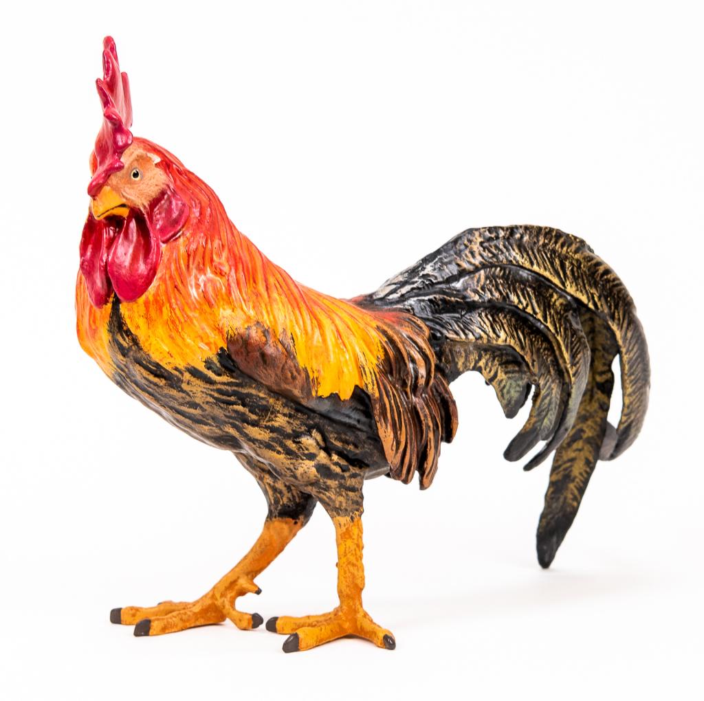 Large Rooster Vienna Cold Painted Bronze: Item/Description: Petri Bronzen Vienna cold painted bronze large rooster figurine. Austrian cold painted bronze. Petri Bronzen was a Vienna based company and maker of fine Viennese painted bronzes. Th