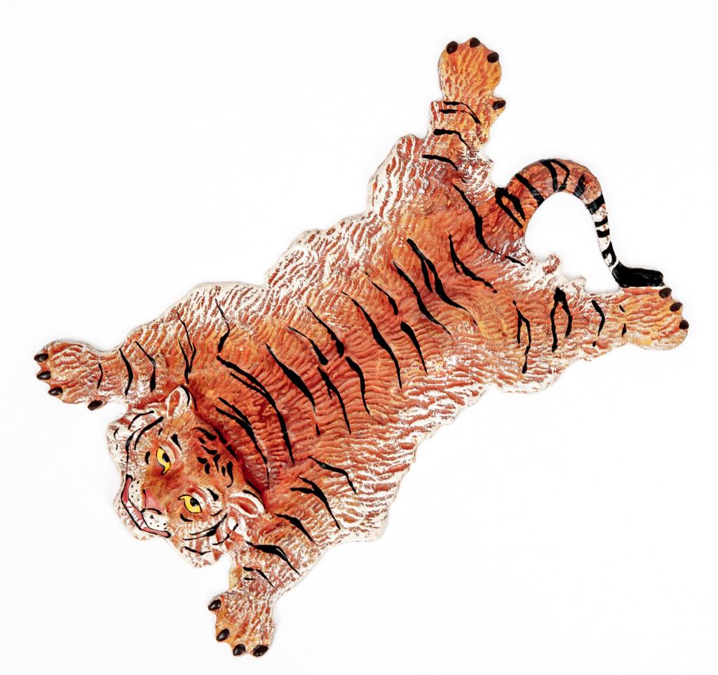 Vienna Cold Painted Bronze Tiger Pelt Rug: Item/Description: Petri Bronzen Vienna cold painted bronze miniature sculpture of a tiger pelt rug. Austrian cold painted bronze. Petri Bronzen was a Vienna based company and maker of fine Viennese pa