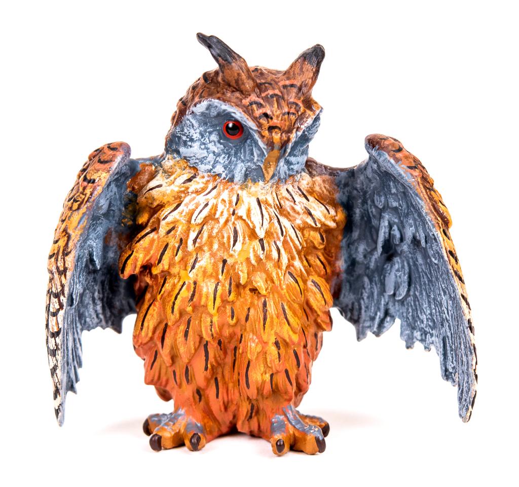 Vienna Cold Painted Miniature Bronze Horned Owl: Item/Description: Petri Bronzen Vienna cold painted bronze miniature figurine of an owl. Austrian cold painted bronze sculpture of a bird of prey. Petri Bronzen was a Vienna based company and maker of