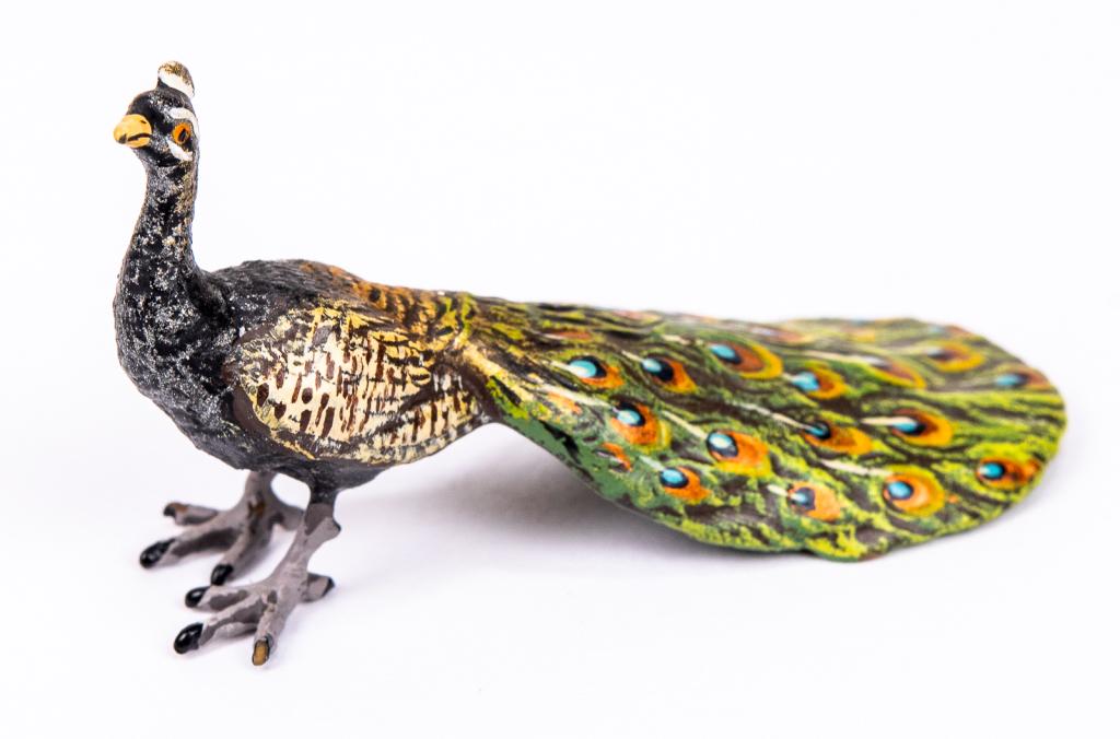 Vienna Cold Painted Bronze Peacock: Item/Description: Petri Bronzen Vienna cold painted bronze miniature peacock figurine. Austrian cold painted bronze sculpture of a bird. Petri Bronzen was a Vienna based company and maker of fine Vien