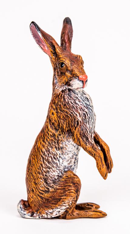 Vienna Cold Painted Bronze Sitting Rabbit: Item/Description: Petri Bronzen Vienna cold painted bronze miniature figurine of a hare / rabbit/ bunny. Austrian cold painted bronze. Petri Bronzen was a Vienna based company and maker of fine Vienne