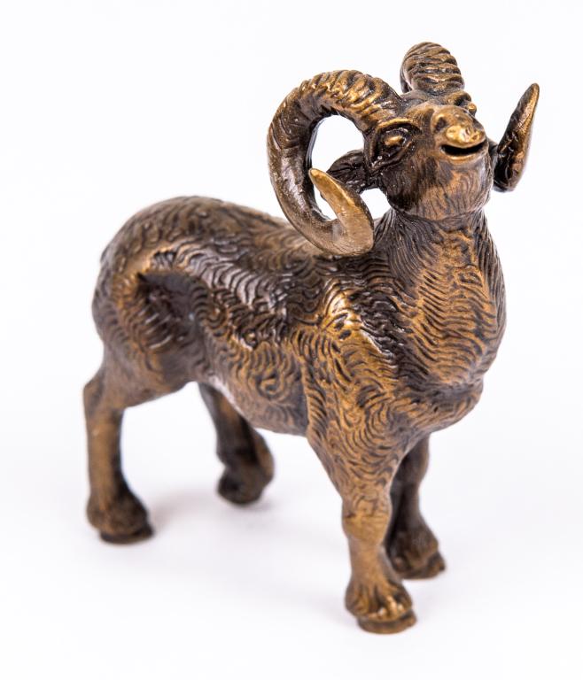 Miniature Bronze Ram Figurine: Item/Description: Bronze miniature figurine of a horned ram. Marked 1976 Lori. Material: Bronze. Dimensions: Length: 1 1/2"; Width: 1"; Height: 1". Condition: Minor surface wear. Age: Second half 20th