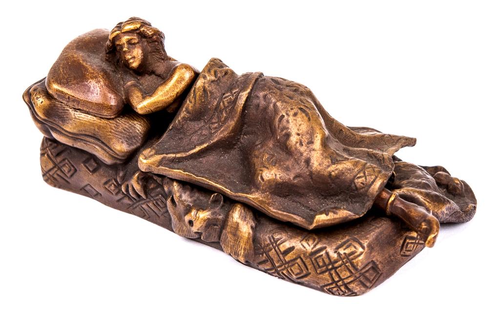 Austrian Bronze Nude Reveal: Item/Description: Austrian bronze miniature figurine. Covers remove to reveal nude. Unknown maker. Material: Bronze. Dimensions: Length: 5 1/4"; Width: 2"; Height: 1 1/2". Condition: Minor surface wea