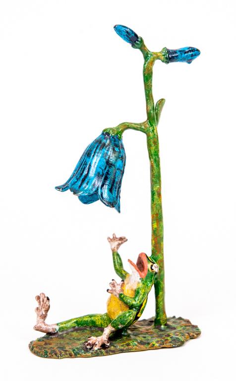 Vienna Cold Painted Bronze Singing Frog: Item/Description: Petri Bronzen Vienna cold painted bronze miniature figurine features frog sitting beneth a flower, singing. Austrian cold painted bronze sculpture. Petri Bronzen was a Vienna based c